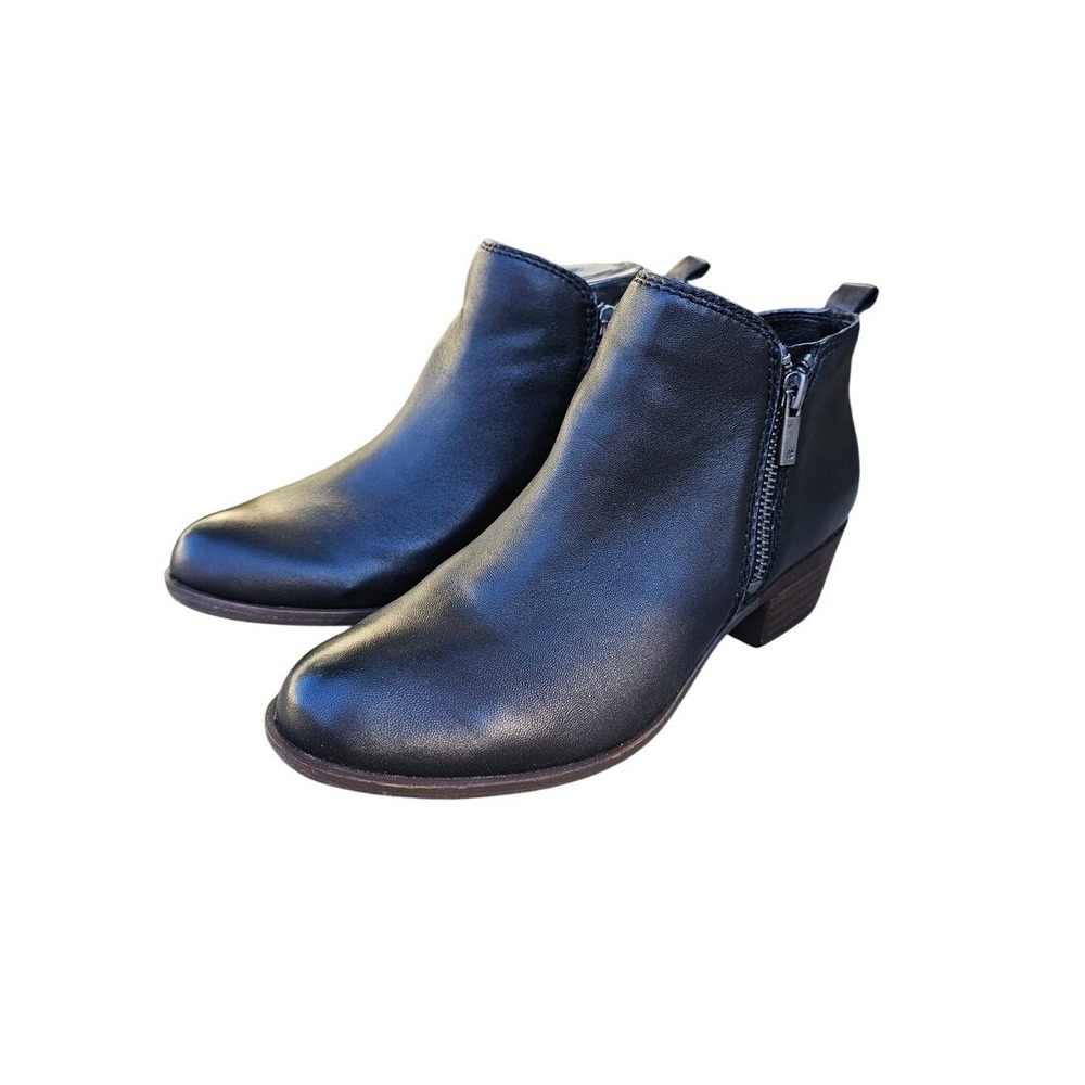Lucky Brand Basel Ankle Bootie 7 Black Leather Dual Zip Stacked Heel Classic ~